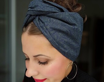 Turban "Maha Indigo" Drahtturban Turbantuch mit Draht Paisley Boteh Turbanhaarband Haarband Stirnband lila dunkelblau silber oliv edel
