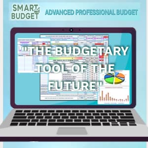 Può includere: Un laptop che mostra un foglio di calcolo con grafici. Lo schermo mostra il testo "THE BUDGETARY TOOL OF THE FUTURE". Il laptop è su uno sfondo azzurro con le parole "SMART BUDGET" e "ADVANCED PROFESSIONAL BUDGET".