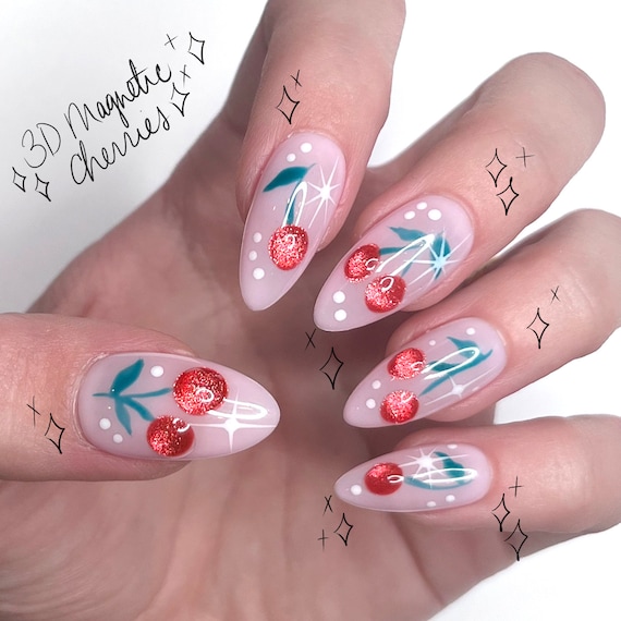 Coquette Aesthetic Hand Painted Press on Nails MADE TO ORDER Press on Nails  3D Magnetic Cherries Nails One Set of 10 Nin's Nails 