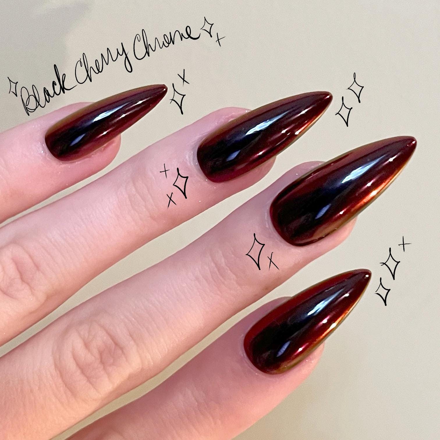 BLACK CHERRY CHROME Press On Nails, Set Of 10 Hand Painted Made To Order Nails by Nin's Nails