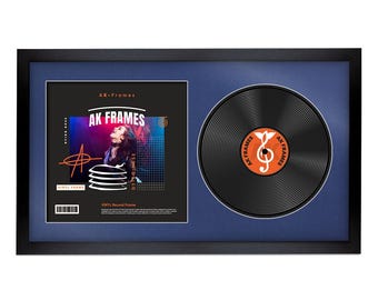 Vinyl LP Record and Album Cover Frame With Blue Mount in Modern Sleek Style | LP record holder | Music memorabilia gift for Wall Display