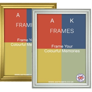 May include: Two rectangular picture frames, one gold and one silver, are displayed side-by-side. The frames have a colorful background with the text "A FRAMES" and "Frame Your Colourful Memories". The frames are made in Britain.