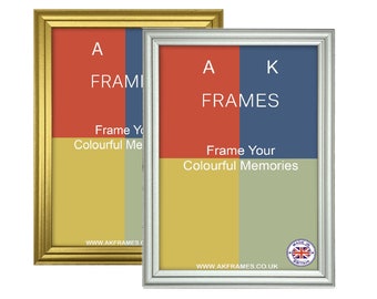 May include: Two rectangular picture frames, one gold and one silver, are displayed side-by-side. The frames have a colorful background with the text "A FRAMES" and "Frame Your Colourful Memories". The frames are made in Britain.