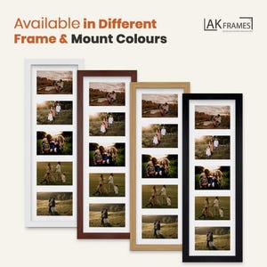 May include: Four vertical multi-photo frames in white, brown, tan, and black. Each frame holds five photos. The text "Available in Different Frame & Mount Colours" is at the top left. The AK Frames logo is at the top right.