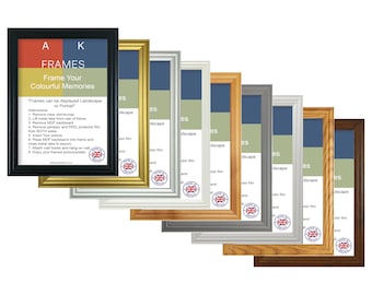 May include: A row of eight picture frames in different colors and wood finishes. The frames are all the same size and style, with a simple, classic design. The frames are arranged in a row from left to right, with the black frame on the left and the brown frame on the right. The text "A K FRAMES Frame Your Colourful Memories" is visible on the black frame. The text "Frames can be displayed Landscape or Portrait" is also visible on the black frame.