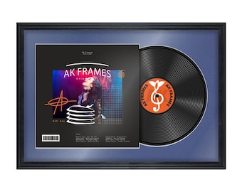 Vinyl LP Record and Album Cover Frame With Blue Mount in Classic Style | LP record holder | Music memorabilia gift | Wall Display Frame