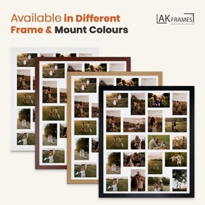 May include: Four multi-photo frames in white, brown, tan, and black, each with family photos. The text at the top says "Available in Different Frame & Mount Colours". The frames are for displaying multiple photos.