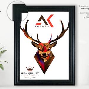 May include: Black picture frame with a geometric deer design in red, orange, and brown colours. The frame is made in the United Kingdom and is available in custom sizes up to 91.44 cm by 60.96 cm.