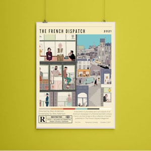 Puede incluir: Un cartel de cine para la película "The French Dispatch", dirigida por Wes Anderson. El cartel presenta una ilustración colorida de una ciudad francesa con varios edificios y personas. El título de la película está en letras grandes y en negrita en la parte superior del cartel. El cartel también incluye la fecha de estreno de la película, 2021, y una descripción de la película como una "carta de amor a los periodistas".