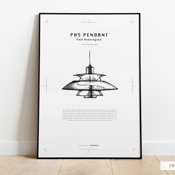 LOUIS POULSEN | PH 5 Pendant | Lighting design | Limited Edition | Hand Drawn | High Quality Poster Print A3