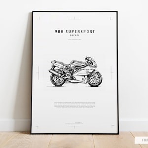 DUCATI 900 Super Sport | Automotive design | Limited Edition | Hand Drawn | High Quality Poster Print A3