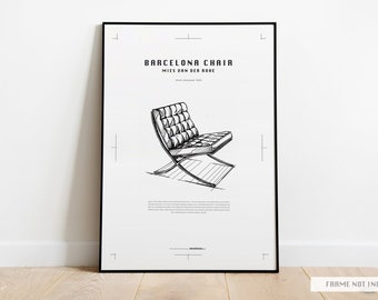 LUDWIG MIES van der ROHE Barcelona Chair | Product design | Limited Edition | Hand Drawn | High Quality Poster Print A3