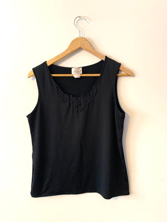 Vintage 1980s Black Silk Tank Top Cami Embroidered