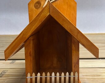 Handcrafted Wooden Birdhouse / Redwood Naturaltone Cardinal Nesting Box with Picket Fence / Functional Birdhouse