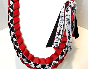 7/8” Cheer Ribbon Lei for Graduation, Senior Night, Awards Banquet with Optional 2025 or 2026 grad ribbon added in the fringe