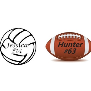 May include: A volleyball and a football are displayed. The volleyball is white with black lines and the name "Jessica" and the number "14" are printed on it. The football is brown with white stripes and the name "Hunter" and the number "63" are printed on it.
