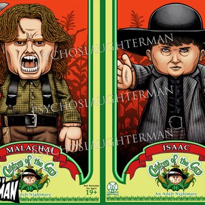 May include: Two trading cards featuring characters from "Children of the Corn." One card shows a character named Malachai holding a knife, and the other shows Isaac holding a corn stalk with a cross. The cards have a green and red border.