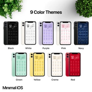 Puede incluir: Nueve temas de color diferentes para la pantalla de inicio de un iPhone. Los temas incluyen negro, blanco, morado, rosa, azul marino, verde, amarillo, crema y rojo.