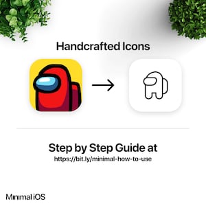 May include: Handcrafted icons illustration showing a red and white character with a black outline being simplified to a black and white outline. The text "Handcrafted Icons" is above the illustration and the text "Step by Step Guide at https://bit.ly/minimal-how-to-use" is below the illustration. The text "Minimal iOS" is at the bottom of the image.