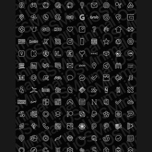 May include: A black and white image of a grid of app icons. The icons are minimalist and represent popular apps such as Instagram, Facebook, Twitter, and Uber.