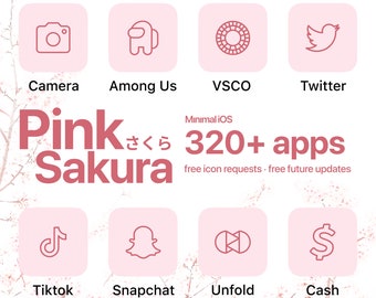 May include: A pink and white graphic with a pink cherry blossom background. The graphic features a collection of app icons, including Camera, Among Us, VSCO, Twitter, TikTok, Snapchat, Unfold, and Cash. The text "Pink Sakura 320+ apps" is displayed in a pink and white font. The text "Minimal iOS free icon requests - free future updates" is displayed in a smaller font.