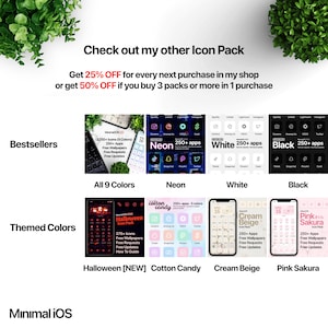May include: A collage of nine different iPhone icon packs, each with a unique color scheme and theme. The icon packs include "All 9 Colors", "Neon", "White", "Black", "Halloween [NEW]", "Cotton Candy", "Cream Beige", and "Pink Sakura".