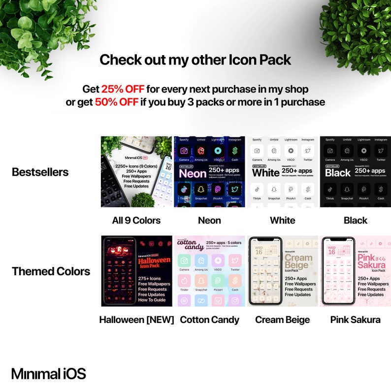 May include: A collage of nine different iPhone icon packs, each with a unique color scheme and theme. The icon packs include "All 9 Colors", "Neon", "White", "Black", "Halloween [NEW]", "Cotton Candy", "Cream Beige", and "Pink Sakura".