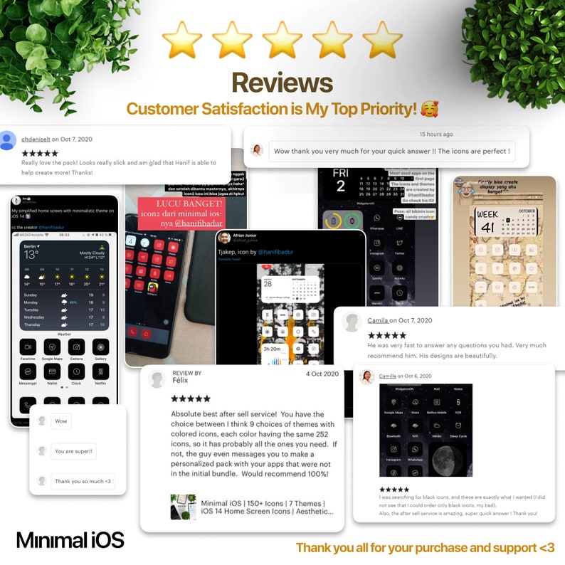 May include: Five-star reviews for a digital product with a minimalist iOS theme. The reviews highlight the quick response time, high-quality icons, and personalized customer service. The product includes 150+ icons, 7 themes, and is compatible with iOS 14.