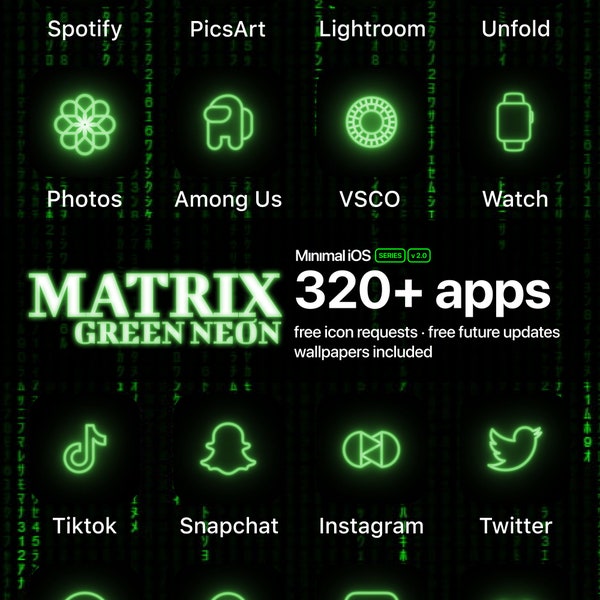 320+ Matrix Green Neon App Icons [NEW][EXCLUSIVE] | Icon Pack for Aesthetic iOS Home Screen | Minimal iOS | Free Icon Requests