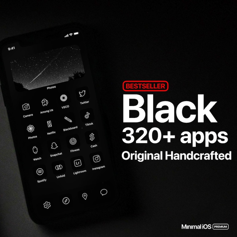 May include: A black and white mockup of an iPhone screen with a dark background and white icons. The icons represent popular apps such as Camera, Twitter, Netflix, Instagram, and Spotify. The text "Black 320+ apps Original Handcrafted" is displayed in white on a red background. The text "Minimal iOS PREMIUM" is displayed in white on a black background.