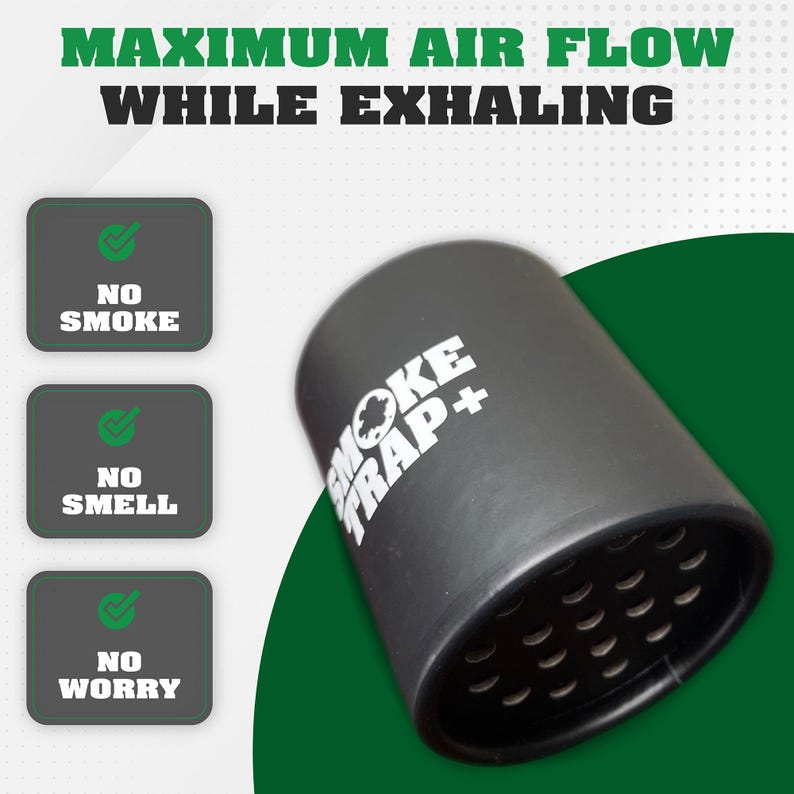 May include: A black smoke trap with the text "Smoke Trap+" in white. The trap has a circular opening with multiple small holes. The text "No Smoke", "No Smell", and "No Worry" are displayed in green checkmarks on a gray background.