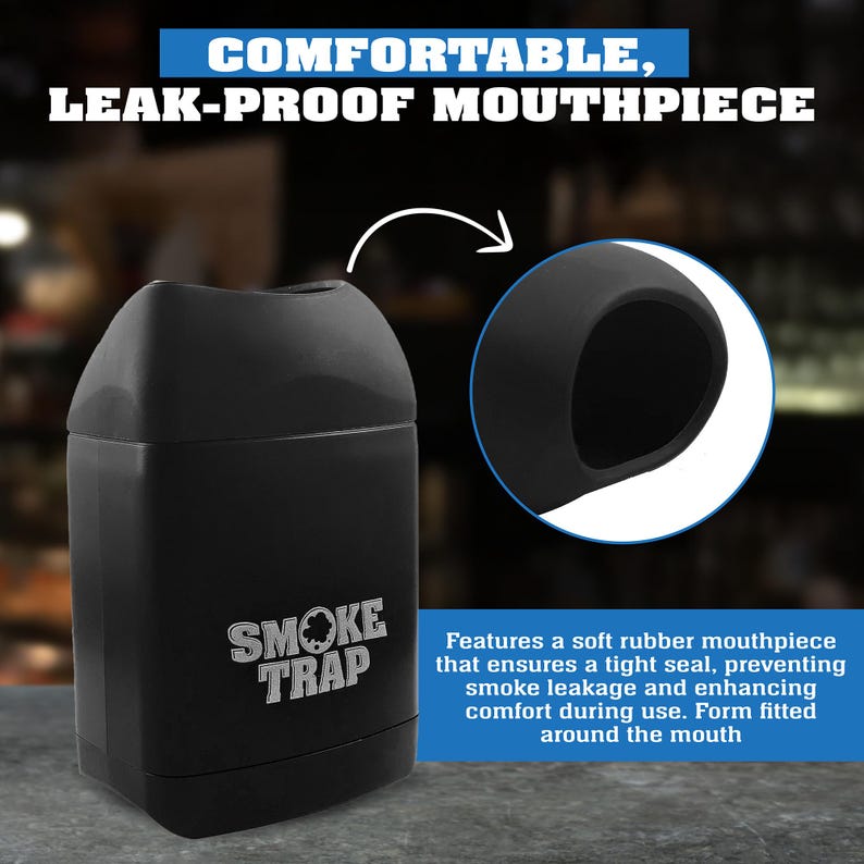 May include: Black smoke trap with a leak-proof mouthpiece. The mouthpiece is made of soft rubber and is designed to fit comfortably around the mouth. The smoke trap is labeled "Smoke Trap".