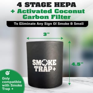May include: Black cylindrical air filter with the text "SMOKE TRAP+" in white. The filter is 3 inches in diameter and 4.5 inches tall. It is compatible with Smoke Trap+.