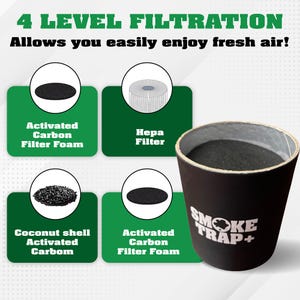 May include: A black cylindrical air filter with the text "SMOKE TRAP+" printed on the side. The filter has four levels of filtration: activated carbon filter foam, HEPA filter, coconut shell activated carbon, and activated carbon filter foam.