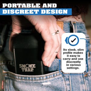 May include: A black, rectangular container with the text "SMOKE TRAP" printed on it. The container is being held in a person's hand and is being placed into a blue jean pocket. The text "PORTABLE AND DISCREET DESIGN" is at the top of the image. The text "Its sleek, slim profile makes it easy to carry and use discreetly in various settings." is at the bottom of the image.