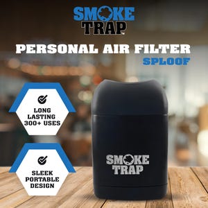 May include: A black, cylindrical air filter with the text "SMOKE TRAP" printed on it. The air filter is on a wooden surface. The text "PERSONAL AIR FILTER" and "SPLOOF" are printed above the air filter. Two blue hexagonal icons with checkmarks are on the left side of the image. The top icon says "LONG LASTING 300+ USES" and the bottom icon says "SLEEK PORTABLE DESIGN".