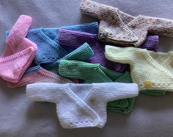 Hand knitted 3-5lb premature baby wrap cardigan, various colours available