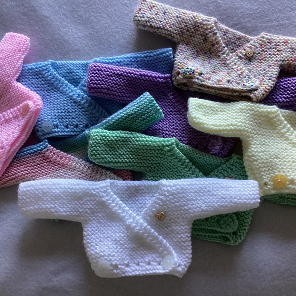 Hand knitted 3-5lb premature baby wrap cardigan, various colours available