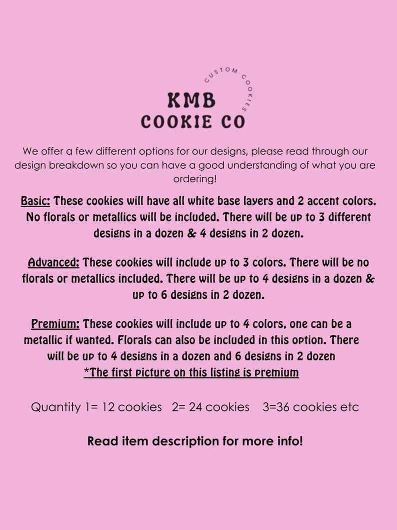 May include: KMB Cookie Co. offers custom cookies with different design options. The image shows a pink background with text describing the cookie options: Basic, Advanced, and Premium. The text explains the number of colours, designs, and florals or metallics included in each option. The text also includes a quantity guide for ordering cookies: 1=12 cookies, 2=24 cookies, 3=36 cookies, etc. The text ends with "Read item description for more info!"