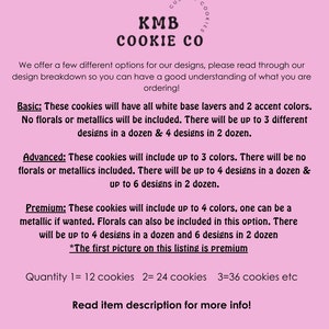 May include: A pink background with white text describing different cookie options. The text reads "KMB Cookie Co. Custom Cookies" and includes details about basic, advanced, and premium cookie options. The text also includes the quantity of cookies per order, such as "Quantity 1 = 12 cookies, 2 = 24 cookies, 3 = 36 cookies etc."