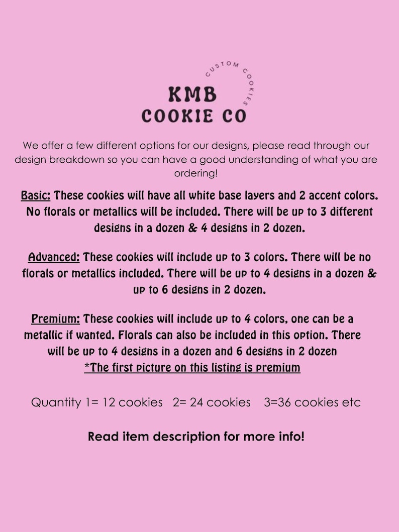 May include: A pink background with white text describing different cookie options. The text reads "KMB Cookie Co. Custom Cookies" and includes details about basic, advanced, and premium cookie options. The text also includes the quantity of cookies per order, such as "Quantity 1 = 12 cookies, 2 = 24 cookies, 3 = 36 cookies etc."