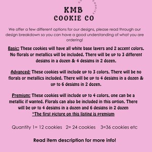 Pu&ograve; includere: KMB Cookie Co. offre biscotti personalizzati con diverse opzioni di design. I biscotti base hanno strati base bianchi con 2 colori di accento. I biscotti avanzati hanno fino a 3 colori. I biscotti premium hanno fino a 4 colori, inclusi i metallizzati. L'immagine mostra una tabella delle quantit&agrave; per 12, 24 e 36 biscotti.