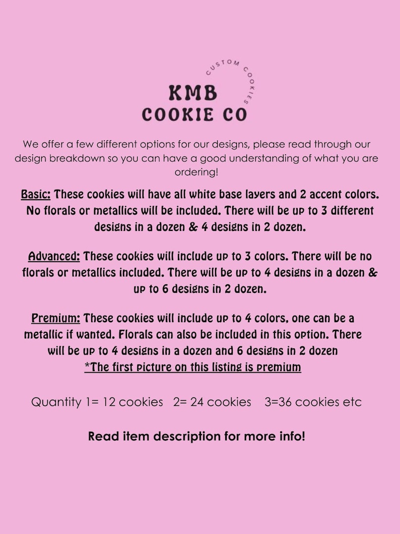 Pu&ograve; includere: KMB Cookie Co. offre biscotti personalizzati con diverse opzioni di design. I biscotti base hanno strati base bianchi con 2 colori di accento. I biscotti avanzati hanno fino a 3 colori. I biscotti premium hanno fino a 4 colori, inclusi i metallizzati. L'immagine mostra una tabella delle quantit&agrave; per 12, 24 e 36 biscotti.