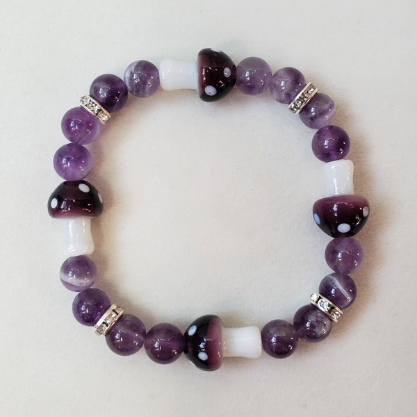 Amethyst Mushroom Crystal Bracelet | Amethyst and Mushroom Bead Bracelet - Handmade Spiritual Jewelry for Healing and Growth