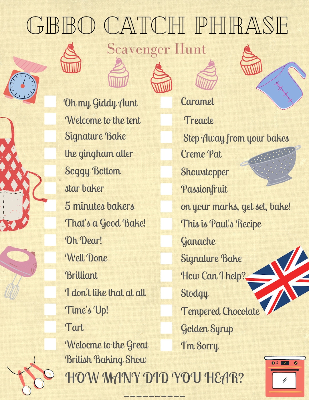 Printable GBBO Catch Phrase Scavenger Hunt Etsy