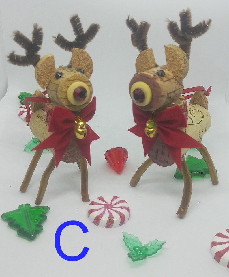 Fun Christmas set of 2 Red Nose Reindeer Wine Cork Ornaments get them for your own tree or for a friend who loves wine and crafty items