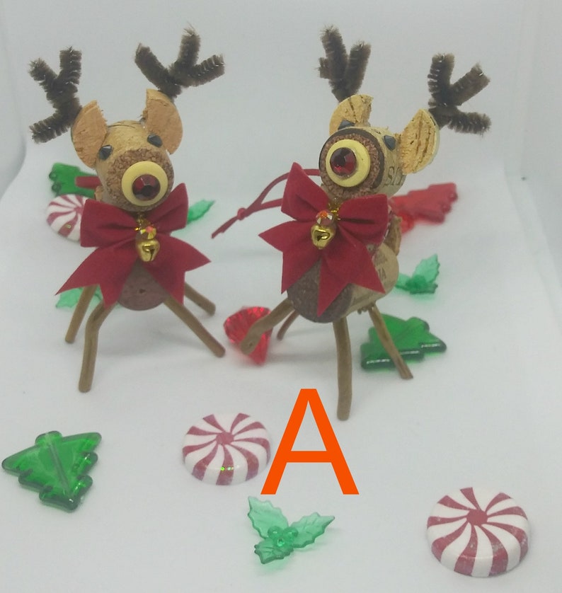 Fun Christmas set of 2 Red Nose Reindeer Wine Cork Ornaments get them for your own tree or for a friend who loves wine and crafty items