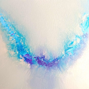 May include: Abstract painting with a textured, off-white background. A vibrant arc of blue and turquoise paint, with hints of purple, sweeps across the canvas. The brushstrokes create a sense of movement and depth, evoking a sense of fluidity.