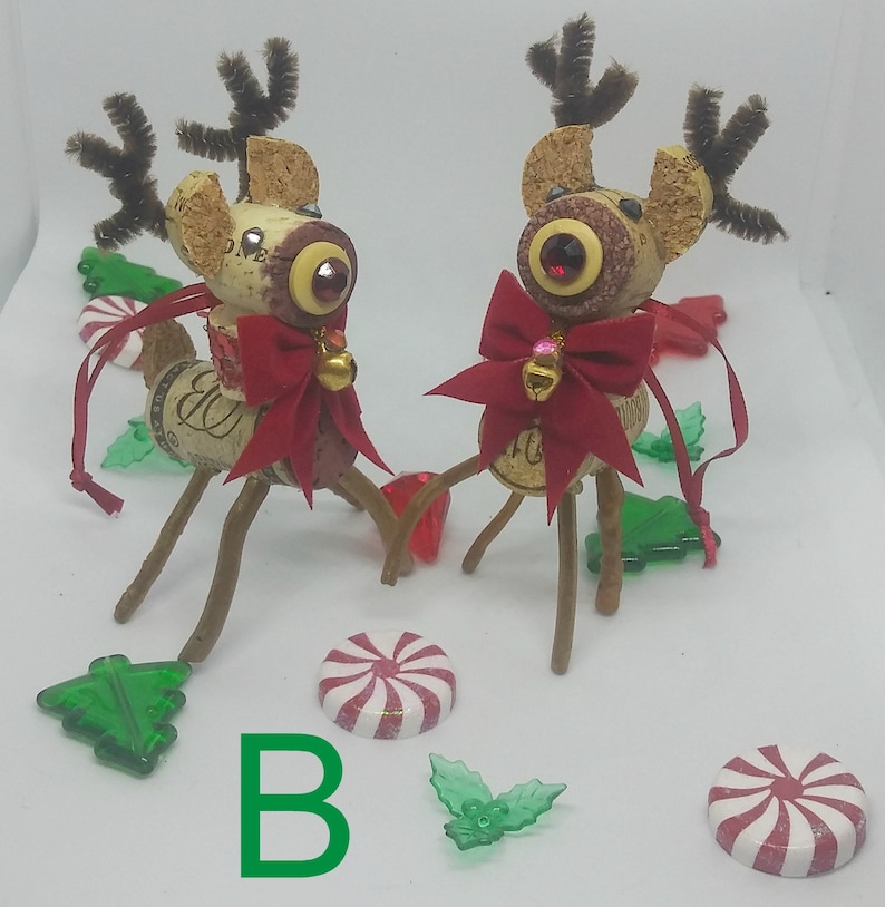 Fun Christmas set of 2 Red Nose Reindeer Wine Cork Ornaments get them for your own tree or for a friend who loves wine and crafty items