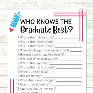 Medical Professional Game Printable, Who Knows Graduate Best Game, Graduation Game, Nursing Graduate Game, Doctor Graduate Game, Trivia Game